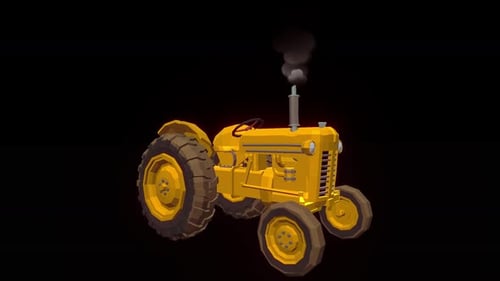 Animated Low Poly Yellow Tractor with Smoke Rotating 360 Degrees