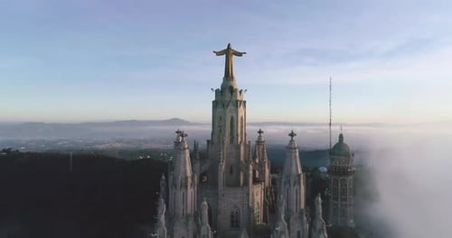 Closeup Aerial View of Tibidabo Mountain Temple in Barcelona In the Morning