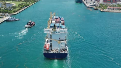 Aerial View Heavy Loaded Cargo Ship Entering the Miami Port Harbor Drone Water
