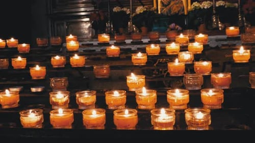 Burning Candles in Cathedral. Burning Memorial Candles in Catholic Church. Salzburg. Austria