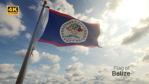 Waving Belize Flag on Pole against Sunny Sky with Clouds