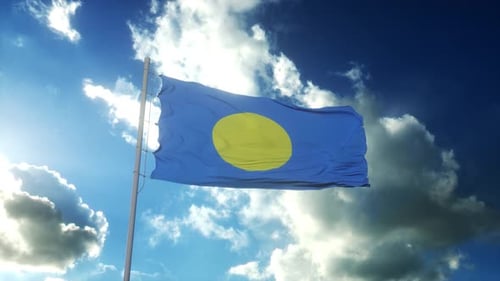 Palau National Flag Waving in Blue Sky
