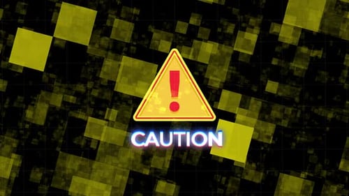 Animated Digital Caution Warning Sign with Glitch Neon Text
