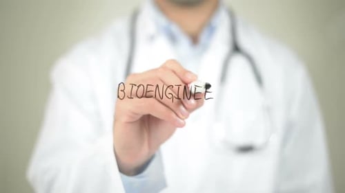 Bio engineer, Doctor Writing on Transparent Screen