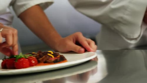 Close-up of team of chefs garnishing dishes