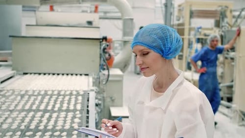 Candy Factory. Controller Checking Conveyor with Candies.