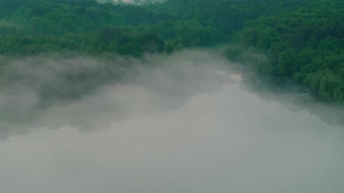 View From Drone of Green Forest Near Lake with Fog Around