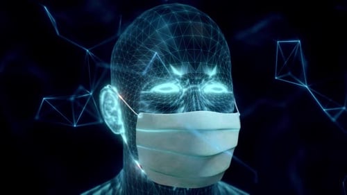 Technological Human Head Wireframe Wearing Face Mask