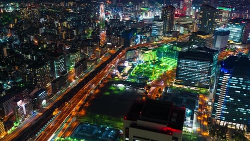 time lapse of traffic and city night view at Yokohama, Japan
