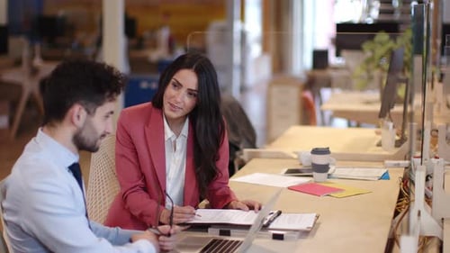 Businesswoman checking papers with male colleague in office
