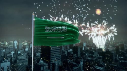 Saudi Arabia Flag With Modern City Night Shot And Fireworks