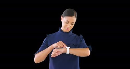 Woman Interacting with Smart Watch on Black Background