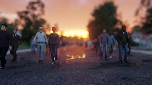 3D Animated Diverse People Walking During Sunset