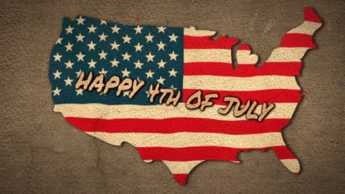 Animation of handwritten text Happy 4th of July with a U.S. map made of U.S. flag waving