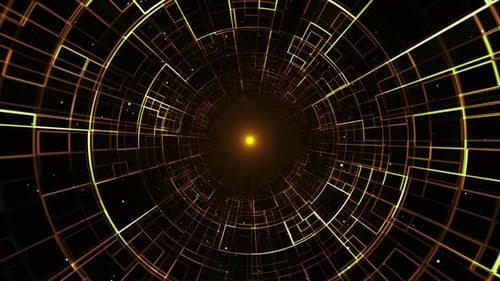 Flight in Yellow Digital Information Tunnel Animation with Particles