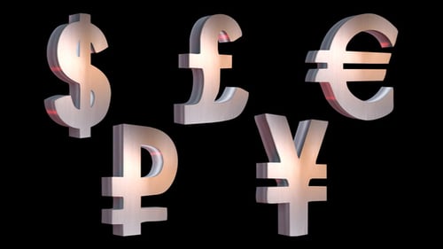 Lustrous 3D Animated Currency Symbols Rotating with Alpha Channel