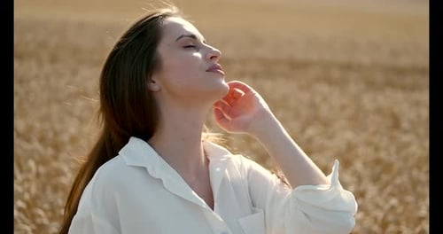 Beautiful Brown Hair Young Woman on Summer Wheat Field