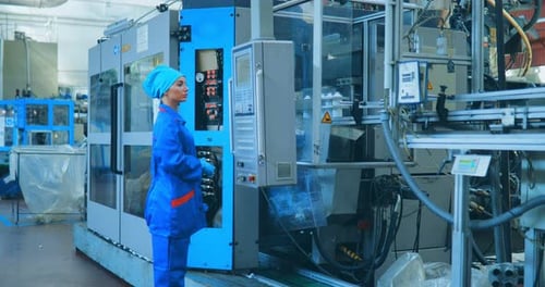 Woman Engineer Adjusts the Conveyor Machine