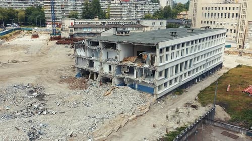 Dismantling the Old House on the Site of New Construction. Demolition of Four-storey Dilapidated