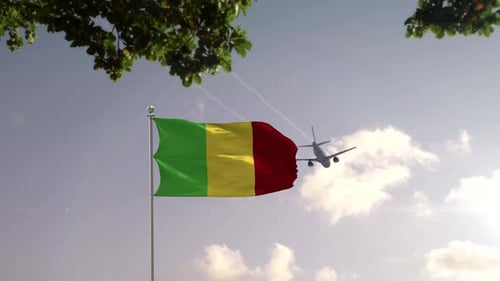Bandera de Mali con avión y ciudad -Renderización 3D