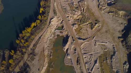Birds Eye View of Quarry with Truck Driving