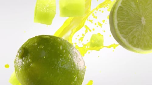 Dynamic Yellow Liquid Splash with Fresh Limes