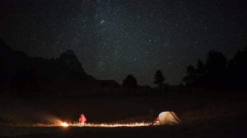Person Camping by Fire Under Stars at Night
