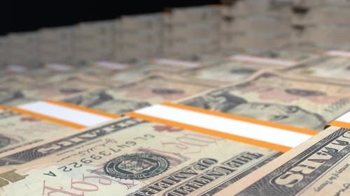 Many wads of money. 10 US dollar banknotes. Stacks of money.