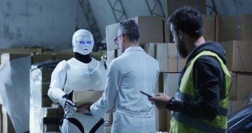 Robot Bringing Box To Technicians in a Warehouse