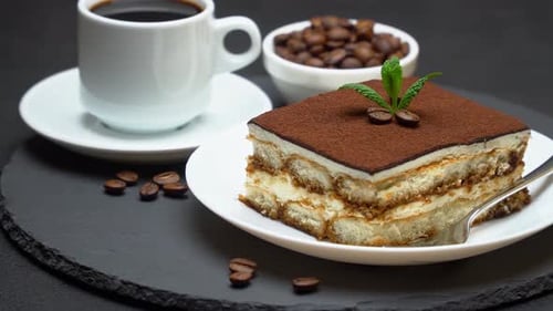 Close Up of Tiramisu with Coffee and Beans
