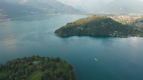 Aerial Footage of Lake Como with Two Islands in the Middle