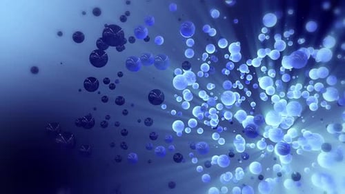 Blue abstract 3d rendering of chaotic spheres and ball