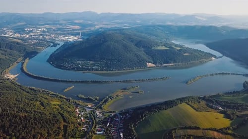 Flying Over of Vag River Meander, Slovakia