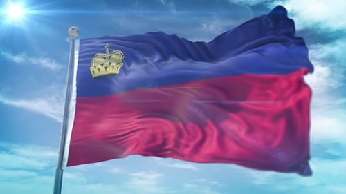 Waving Liechtenstein Flag Loop with Realistic Sky Background