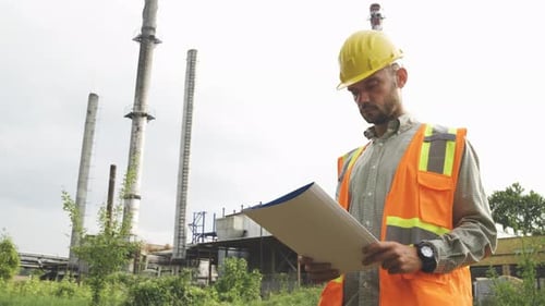 Civil Engineer in Helmet and Safety Vest Inspecting Structure and Looking the Blueprints