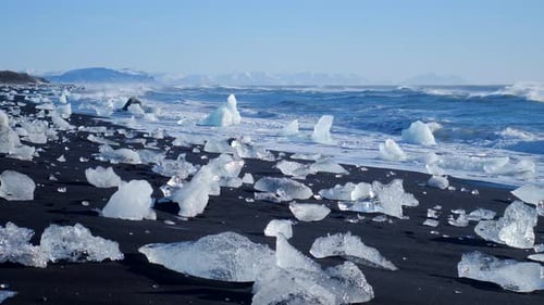 Ice on Black Sand Beach by Ocean