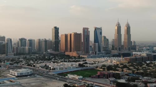 Aerial Footage of the Massive Skyscrapers of Dubai Marina at Dawn