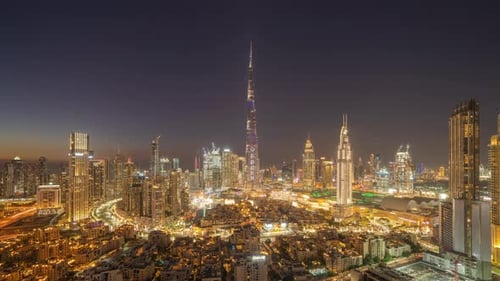 Time lapse of Dubai Downtown skyline, highway roads or street in United Arab Emirates or UAE