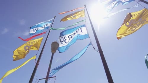 Colorful Flags Fluttering in the Breeze Under Blue Sky