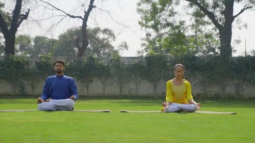Couple Meditating Outdoors on Grass in Nature