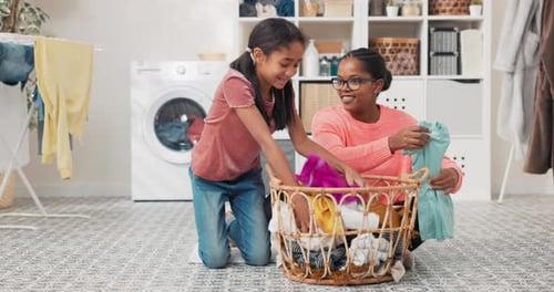 Pretty Girl Disturbs Mom Doing Laundry Wants to Spend Time with Woman Play Daughter Throws Clothes