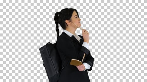 Bonita estudiante con mochila escribiendo notas, Alpha Channel