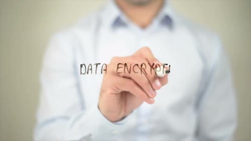 Data Encryption Man Writing on Transparent Screen