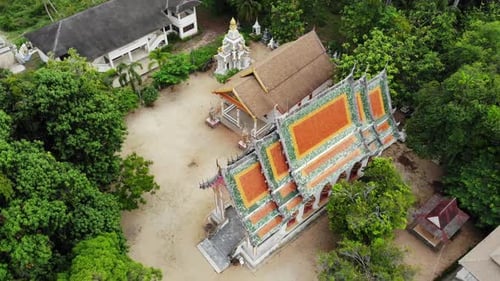Classic Buddhist Temple Between Forest, From Above Drone View Classic Buddhist Monastery Between