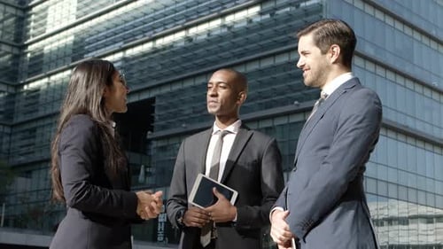 Professional Multiethnic Coworkers Discussing in Street