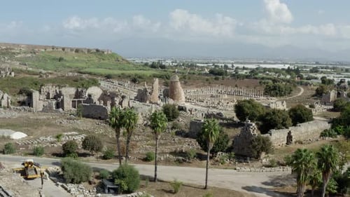 Drone Video of the Ruins of an Ancient City with Archeological Excavations