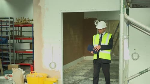 Man using digital tablet at construction site