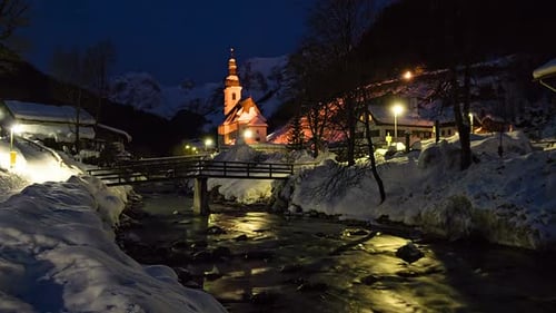 Night Timelapse of Famous Church in Ramsau, Germany