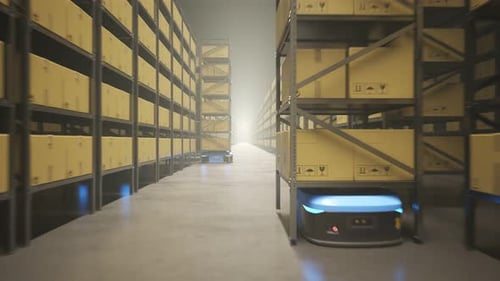 Warehouse industry autonomic robots carrying metal shelves with cardboard boxes.