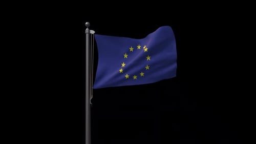 European Union Flag Waving on Flagpole with Alpha Channel